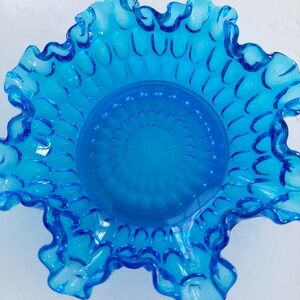 VTG Fenton 8" Colonial Blue Thumbprint Ruffle Crimped Edge Pretty Candy Dish